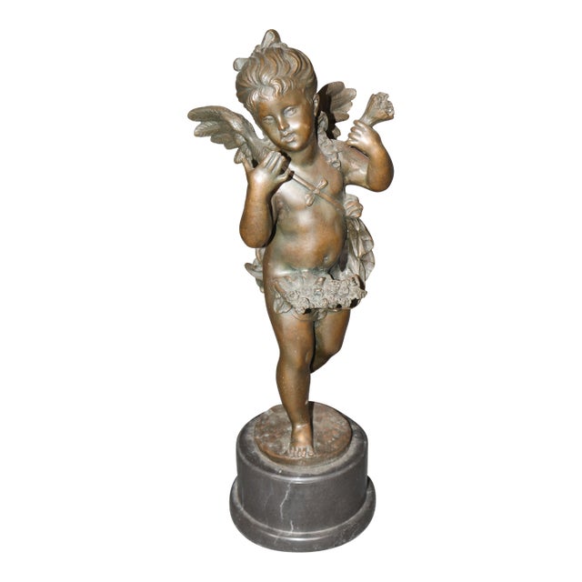 1960's Patinated Winged Putti Sculpture on Marble Base For Sale