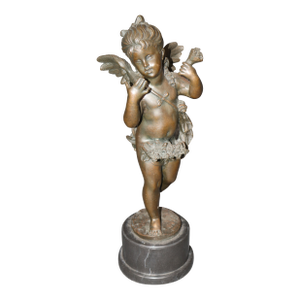 1960's Patinated Winged Putti Sculpture on Marble Base