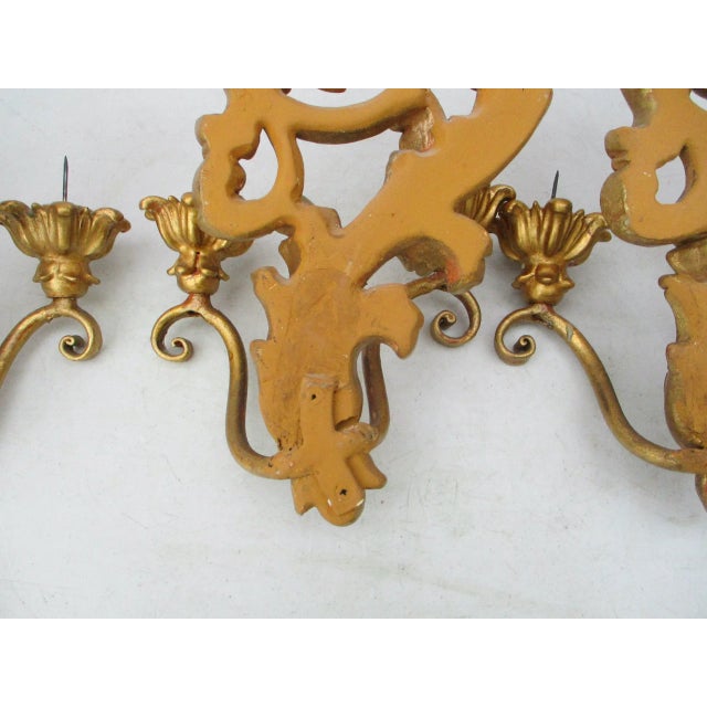 Wood Vintage Italian Florentine Two-Candle Wall Sconces- Set of 3 For Sale - Image 7 of 12