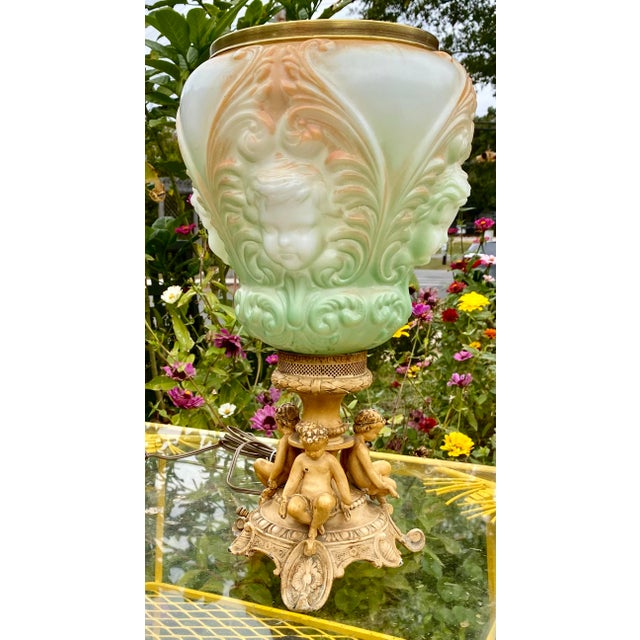 Antique Early 20th Century Cherubs Lamp With Hand Painted Cherubs Shade For Sale - Image 15 of 16