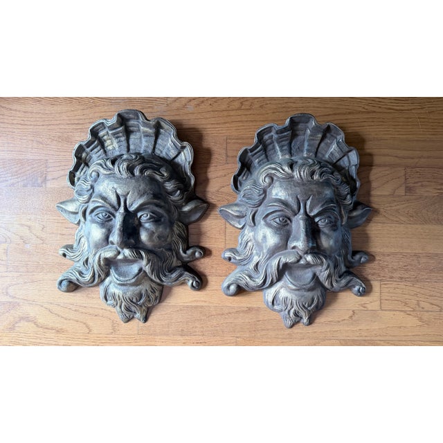 Mythological Gilded Cast Iron Neptune Architectural Wall Plaques - A Pair For Sale In Greensboro - Image 6 of 12