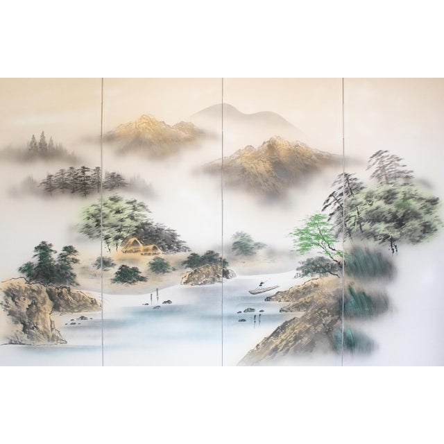 Large Japanese 4-panel painted silk Byobu (folding screen) depicts a Mountain Landscape with river, a man in a boat,...