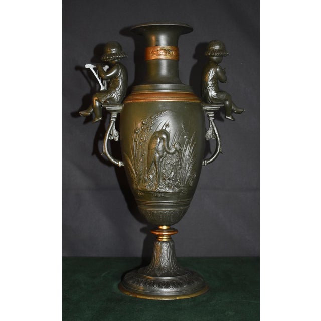 Vintage Mixed Metal Vase French Style Urn With Figural Cherubs and Cranes For Sale - Image 13 of 17