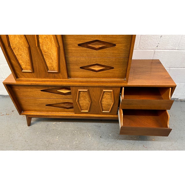 Mid-Century Two Piece Walnut and Burl Diamond Front High-Boy Dresser For Sale - Image 15 of 18