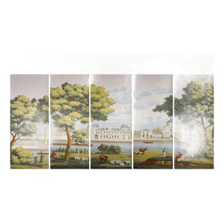 Hand Painted Vintage French Paris Riverside Landscape Mural Panels | Set of 5 Panels 3ft×8ft Custom Panoramic Scenic Wallpaper For Sale