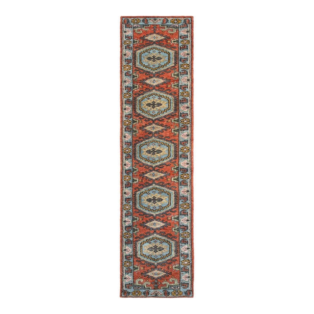 3X10Ft. Brunt Orange Light Blue Persian Design Inspired Hand Knotted Wool Runner Rug For Sale