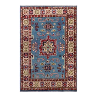 Bohemian Kazak Light Blue/Beige Wool Rug - 3'3''x4'9'' For Sale