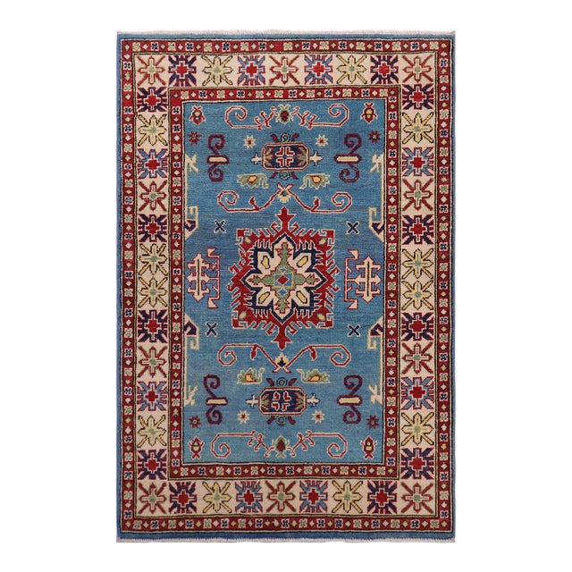 Bohemian Kazak Light Blue/Beige Wool Rug - 3'3''x4'9'' For Sale