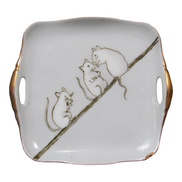 Signed M. Schippel Hand-Painted Mice Handled Plate, c.1910–1930 For Sale