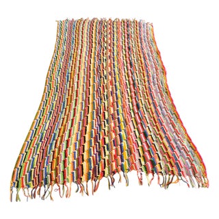 1970s Handmade Multicolor Crochet Throw Blanket With Zigzag Stripe and Fringe For Sale