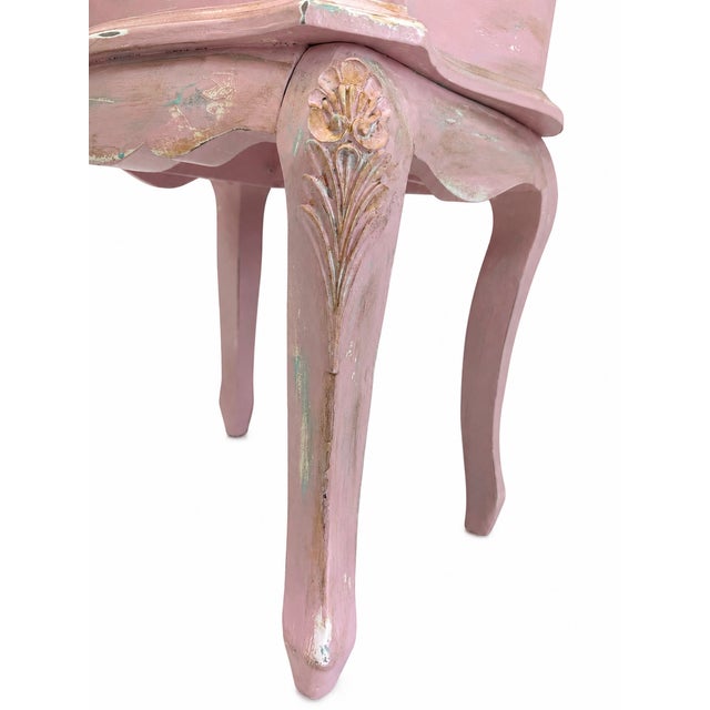 Pink Vintage French Pink Distressed Nightstand With Floral Carvings For Sale - Image 8 of 13