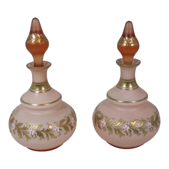 1950s Blush Pink Satin Glass Decanters - a Pair For Sale