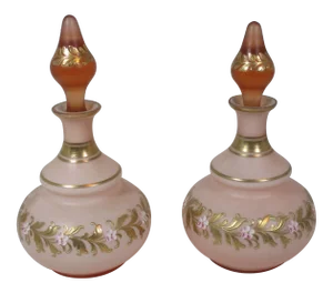 1950s Blush Pink Satin Glass Decanters - a Pair