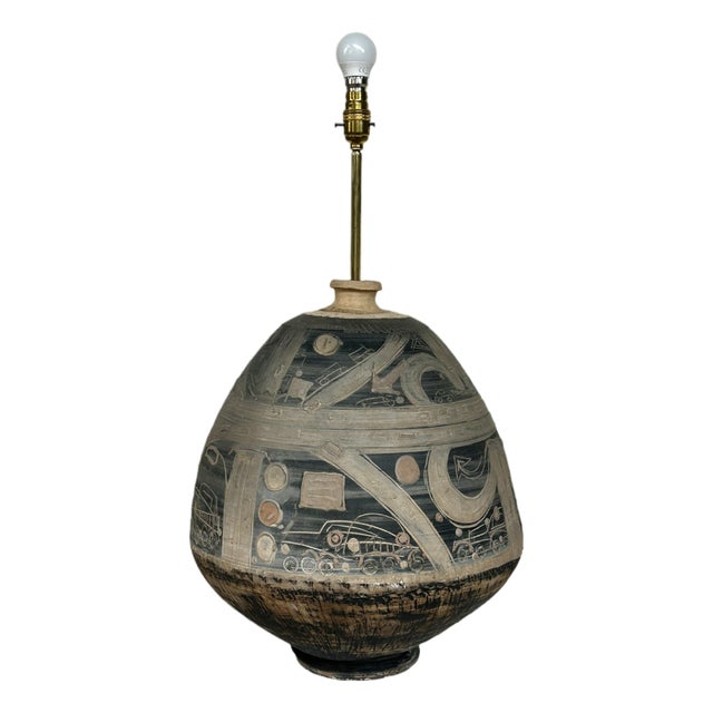 Large Glazed Sgraffito Terracotta Lamp Base, 1900s For Sale