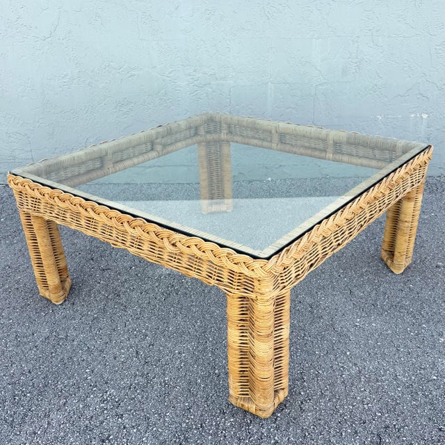 Wood Boho Chic Woven Wicker Glass Top Square Coffee Table For Sale - Image 7 of 8