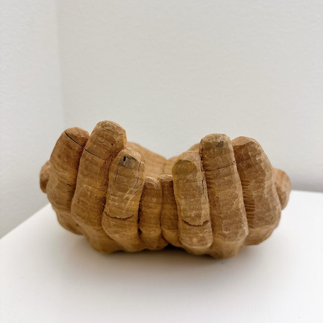 Wood Vintage Primitive Hand Carved Wooden Cupped Hands Sculpture Folk Art Bowl Decor For Sale - Image 7 of 9