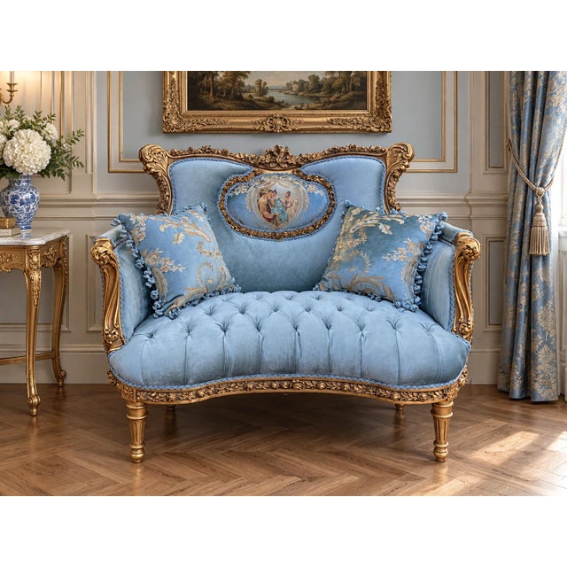 1920 French Artisan Louis XVI Gold Beech Velvet Settee For Sale - Image 11 of 11