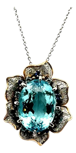 24.34 Carat Aquamarine Diamond Sapphire Platinum & 18k Yellow Gold Flower Pendan