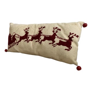 Discontinued Pottery Barn 2015 Sleighbell Crewel Lumbar Christmas Decorative Pillow Red on Cream 12” X 24” For Sale