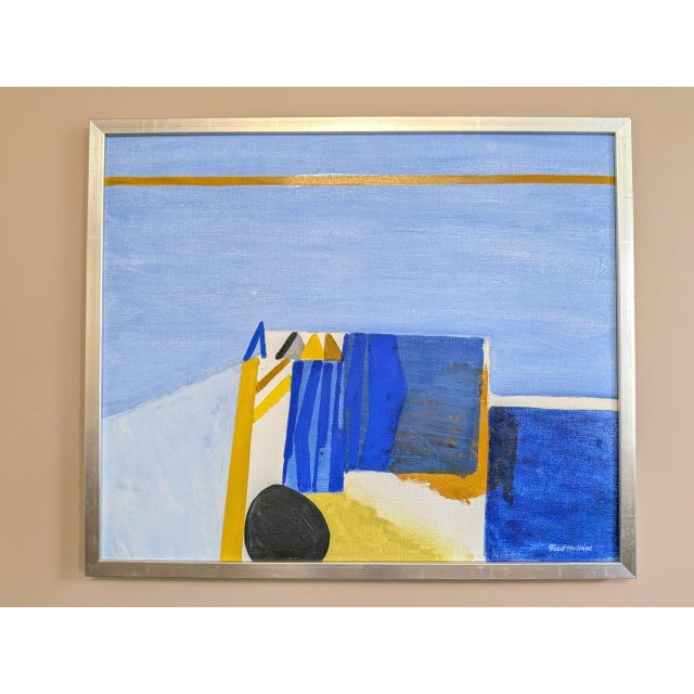 THE GOLDEN DIVIDE Size: 22.6 x 26.8 inches (including frame) Oil on canvas A striking mid-century abstract composition...