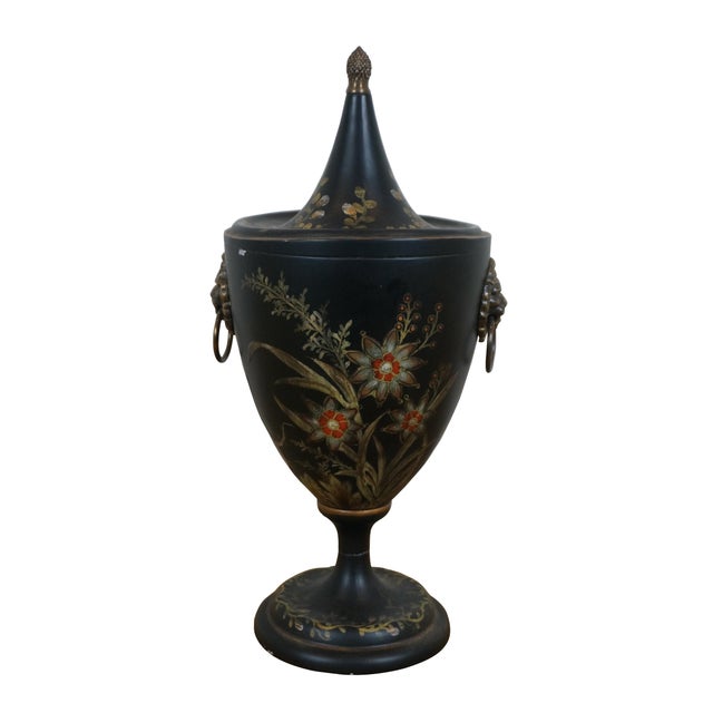 Neoclassical Vintage Black Toleware Floral Lions Head Chestnut Trophy Mantel Urn For Sale - Image 3 of 12