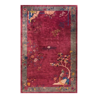 Extraordinary Display of the Chinese-Ness in a Red-Raspebery Background Color Antique Art Deco Rug For Sale