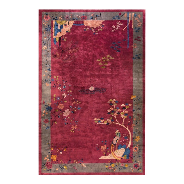Extraordinary Display of the Chinese-Ness in a Red-Raspebery Background Color Antique Art Deco Rug For Sale