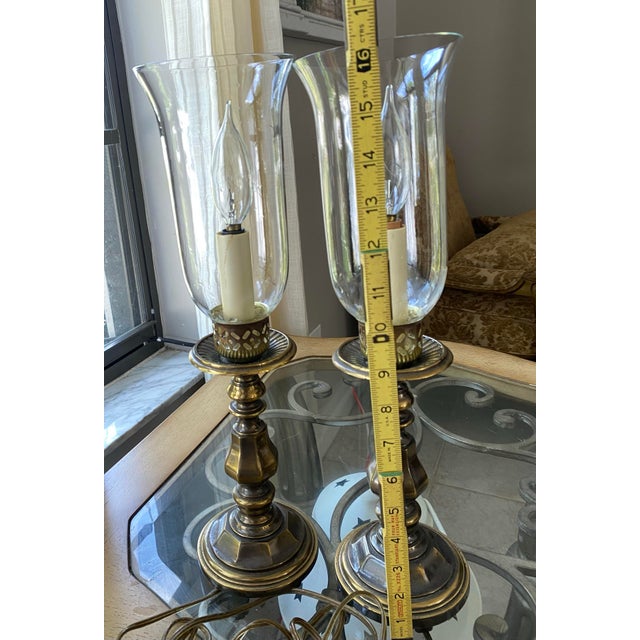 1990s Heirloom Heavy Casted Brass and Glass Hurricane Table Sconce Vintage - Pair For Sale - Image 4 of 10