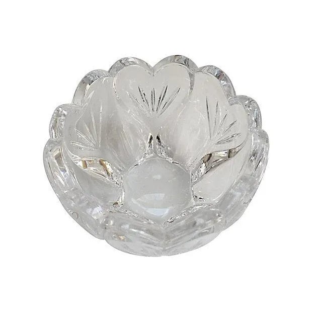 Waterford crystal bowl with exterior heart shaped motif and scalloped rim. Maker's mark on underside. Dims: 4 Dia x 2.75 H...