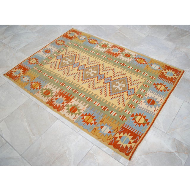 Hand Woven Super Fine Turkish Oushak Kilim Ultra Quality Flat Weave Wool Rug - 3′9″ × 5′4″ For Sale - Image 9 of 16