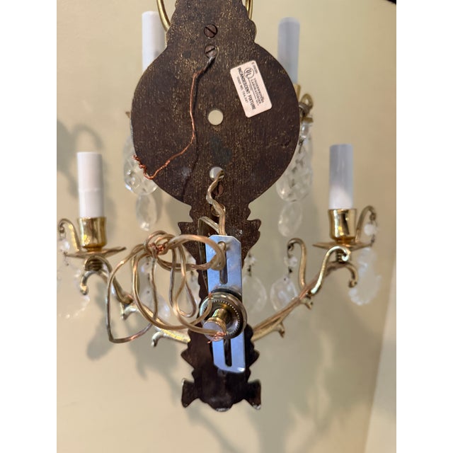 1950s Pair of Mid-Century Brass Wall Sconces 5 Light With 18 Prism Crystals Each, Made in Italy For Sale - Image 15 of 16