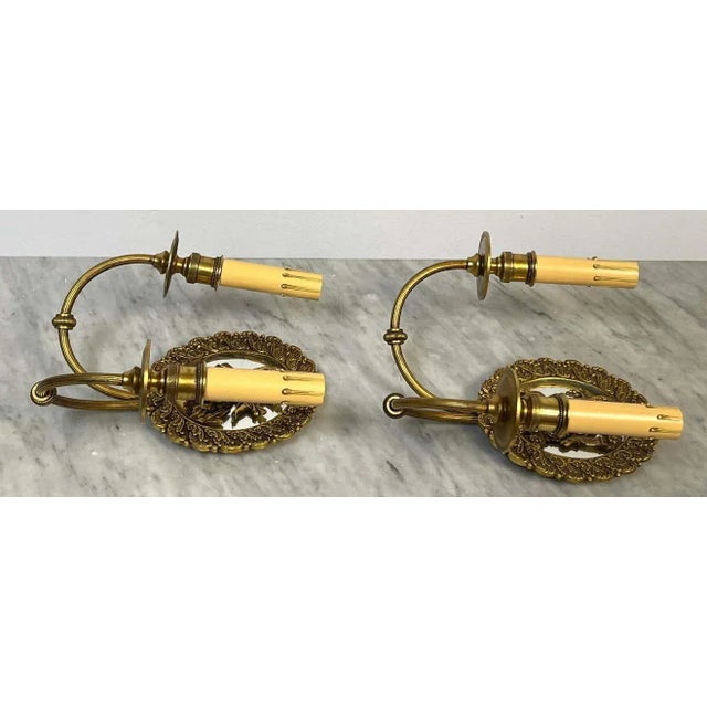 1950s French Bronze & Mirror Medallion 'America & Europe' Wall Sconces - A Pair For Sale In West Palm - Image 6 of 11