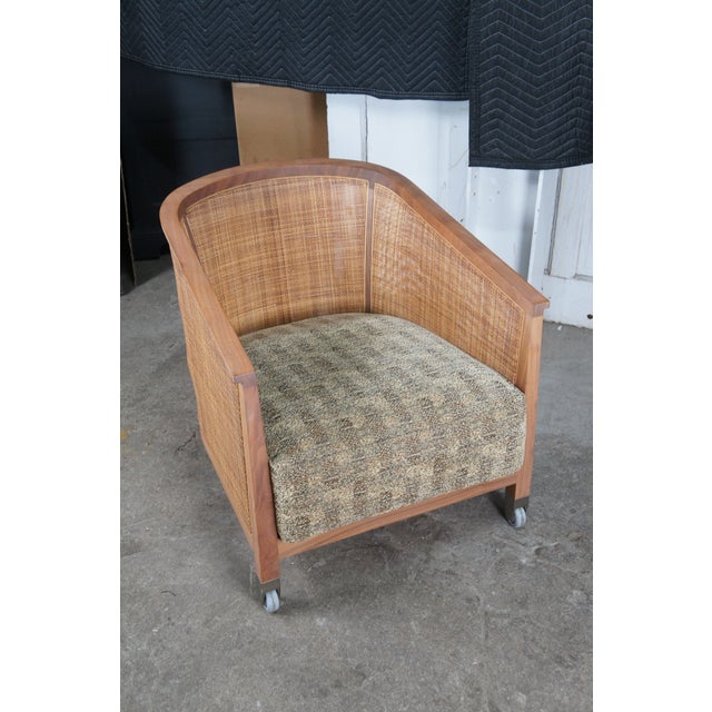 Antonio Citterio 4 1980s Mid Century Modern Attributed to Antonio Citterio Flexform Mozart Walnut Rattan Arm Chairs For Sale - Image 4 of 16