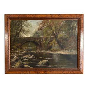 1940s Landscape Oil Painting on Linen of a Stone Bridge Over Creek ~ Birds Eye Maple Frame