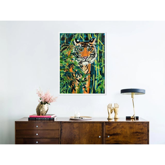 Contemporary Tiger in Bamboo by Jelly Chen in White Framed Paper, Medium Art Print For Sale - Image 3 of 4