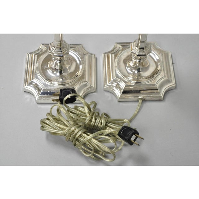 Antique English Regency Silver Plated Footed Candlestick Table Lamps - A Pair For Sale - Image 14 of 16
