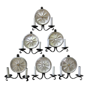 Set of 6 Wrought Iron-Arm Sconces With Pewter Reflectors