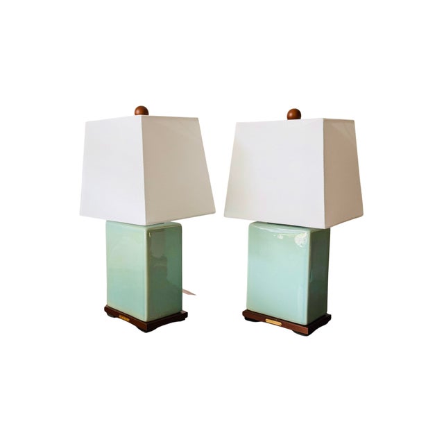 Pair of Lauren Ralph Lauren Celadon Crackle Glazed Porcelain Table Lamps | Coastal Modern Transitional Lighting With Original Shades For Sale - Image 6 of 15