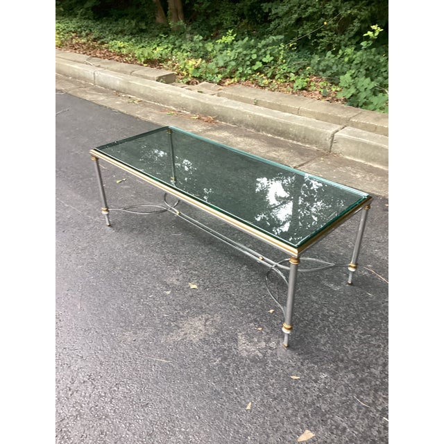 Vintage Maison Jansen Style Steel and Brass Glass Top Coffee Table For Sale In Atlanta - Image 6 of 9