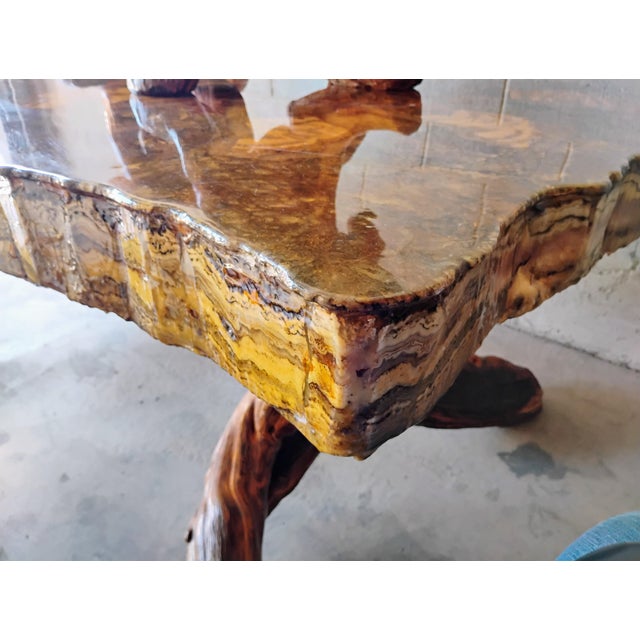 1960s Burl Drift Wood and Agate Stone Lighted Table Dining Set With 4 Chairs - Set of 5 For Sale - Image 4 of 10