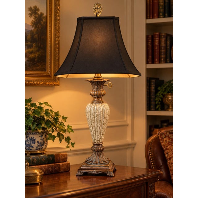 Ornamental & Decorative Materials Late 20th Century Cream Neoclassical Urn Table Lamps With Black Square Bell Shades - Pair For Sale - Image 7 of 10