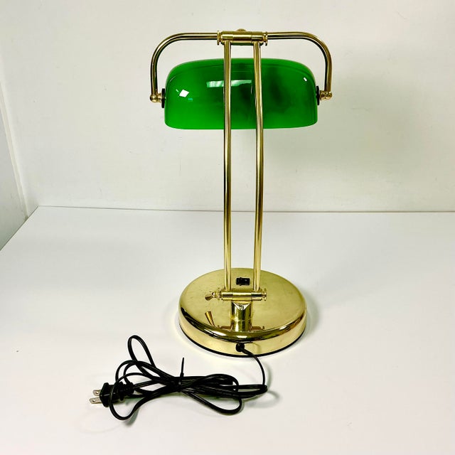 1970s Vintage Art Deco Arts & Crafts Emeraldite Bottle Green Glass Shade Brass Bankers Desk Lamp For Sale - Image 12 of 16