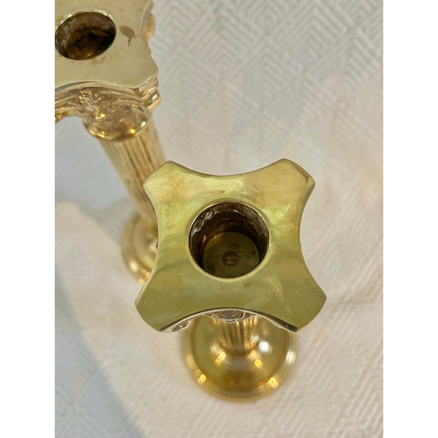 Brass Vintage Solid Brass Neoclassical Column Style Candlestick Holders - A Pair For Sale - Image 8 of 9