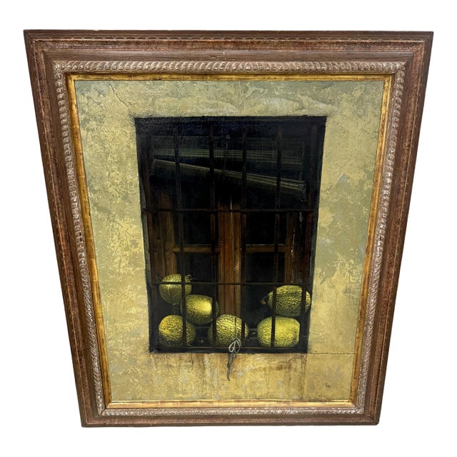 Chuck Wood Trompe l’Oeil Still Life of Striped Melons in Barn Window, c. 1970s For Sale