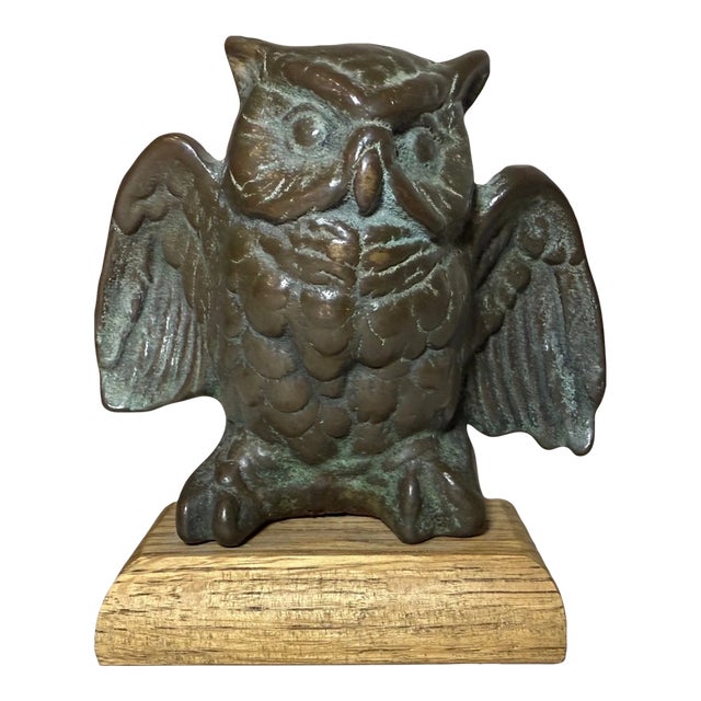 Vintage Very Heavy Detailed Solid Bronze Perched Owl Statue Sculpture Figure For Sale
