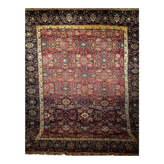 Antique Persian Mahal Sultanabad Rug, Hand-Knotted Wool, Geometric Pattern, 11x13, Red & Navy For Sale