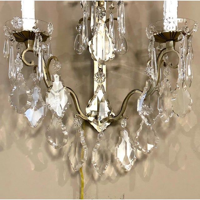 Pair of Vintage Solid Brass and Cut Crystal Wall Sconces For Sale - Image 18 of 18