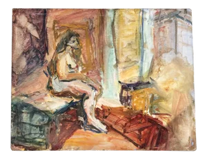Vintage Original Abstract Expressionist Female Nude Interior Painting