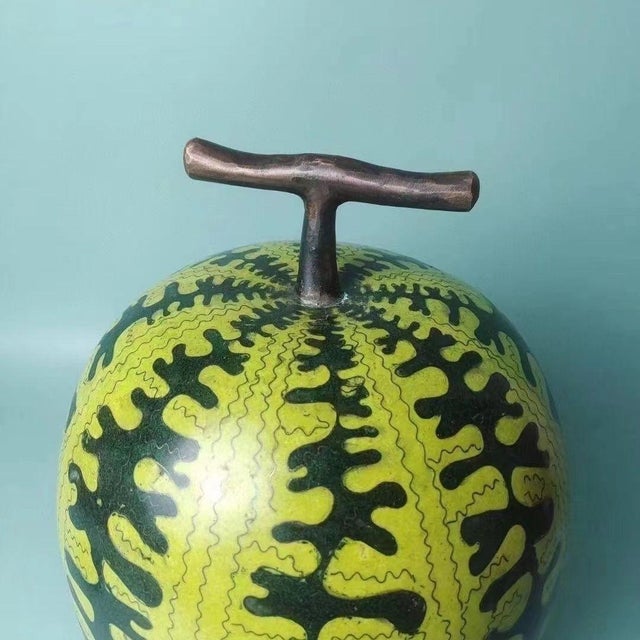Large Vintage Cloisonné Enamel Watermelon Figure – Copper Body, Green & Yellow Motif For Sale In Los Angeles - Image 6 of 6