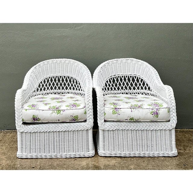 Vintage Lexington Braided White Rattan Lounge Chairs - A Pair For Sale - Image 10 of 12
